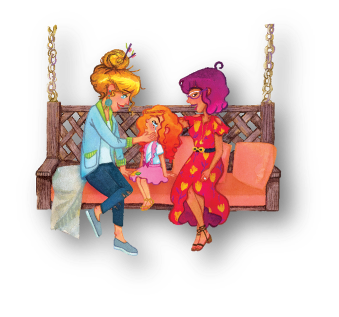 Two adults comfort a child on a porch swing (illustration)