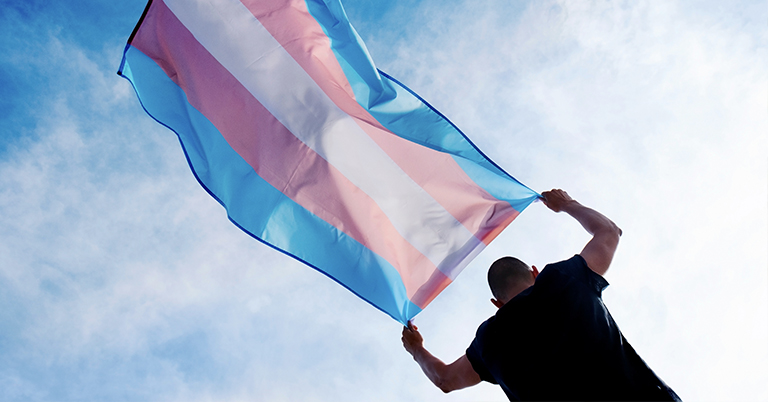 Person holding a trans flag with blue sky